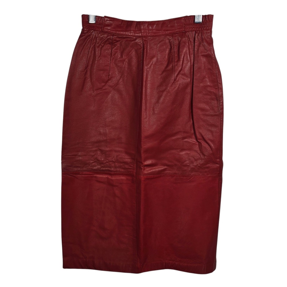 Diversity Red Genuine Leather Pencil Skirt Vintage High Waist Midi Size 6 Korea